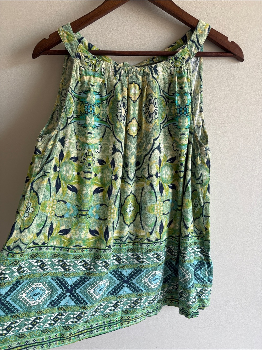 Jane + Delancey Boho Tank Top L Green Blue Print Tie Back